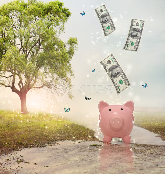 Dollar bills falling in or flying out of a piggy bank in a magical landscape Stock photo © Melpomene