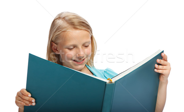 Meisje lezing groot boek weinig blond Stockfoto © Melpomene