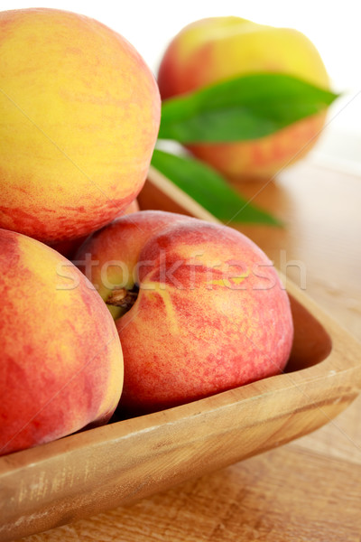 Stockfoto: Vers · perziken · houten · kom · vruchten · gezondheid