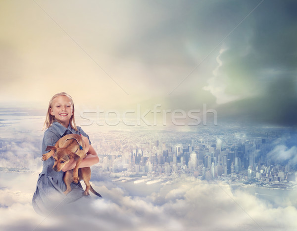 [[stock_photo]]: Jeunes · fille · chien · nuages · haut