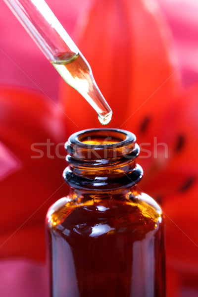 Gyógynövény cseppentő üveg virágok piros liliom Stock fotó © Melpomene