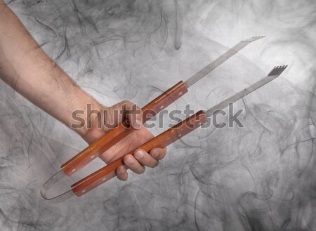 Foto stock: Barbacoa · espátula · aislado · blanco · hombre · madera