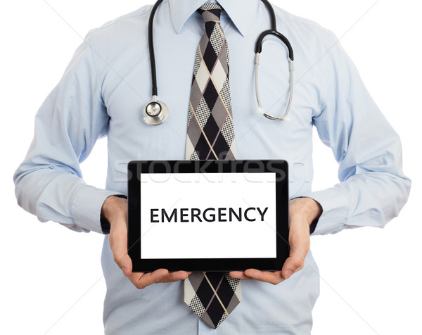 Foto stock: Médico · tableta · emergencia · aislado · blanco