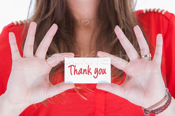 Vrouw Rood tonen visitekaartje dank u ruimte Stockfoto © michaklootwijk