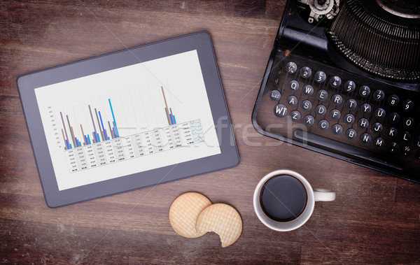 Tablet touch computer gadget on wooden table, graph Stock photo © michaklootwijk