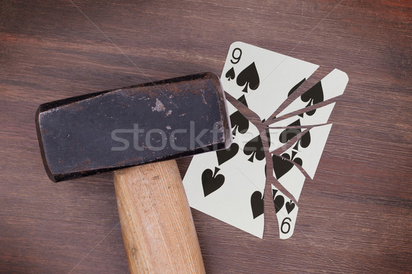 Hamer gebroken kaart negen spades vintage Stockfoto © michaklootwijk