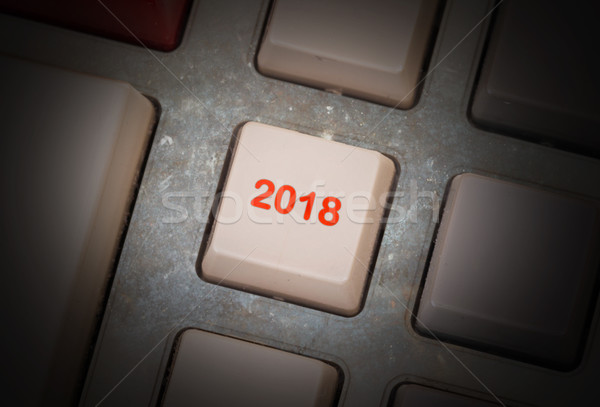 Stockfoto: Tekst · knop · gelukkig · nieuwjaar · technologie · toetsenbord · teken