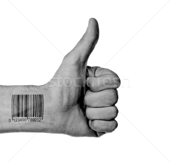 Stock photo: Thumb up with barcode