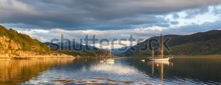 Stockfoto: Panorama · zeilboten · avond · zon · water · bomen