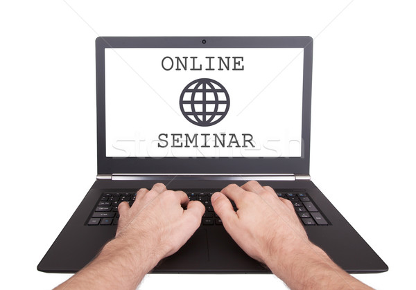 Człowiek pracy laptop online seminarium odizolowany Zdjęcia stock © michaklootwijk