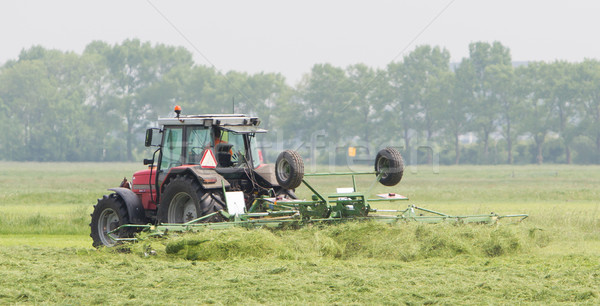 Agricultor tractor fan câmp iarbă clădirilor Imagine de stoc © michaklootwijk