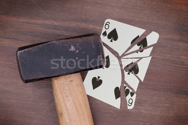Hamer gebroken kaart zes spades vintage Stockfoto © michaklootwijk