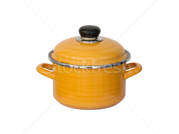 Foto stock: Velho · amarelo · metal · panela · isolado · branco