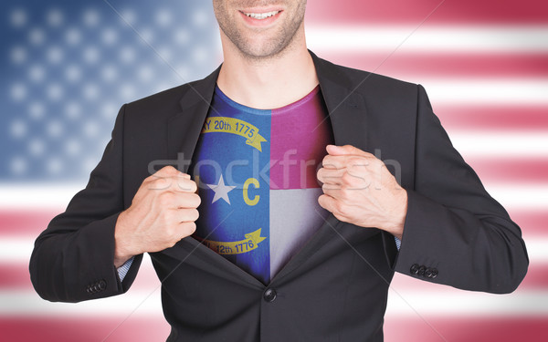 Zdjęcia stock: Biznesmen · otwarcie · garnitur · shirt · banderą · USA