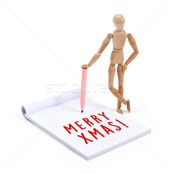 Houten etalagepop schrijven plakboek vrolijk kerstmis Stockfoto © michaklootwijk