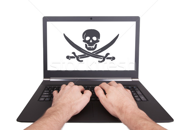 Człowiek pracy laptop piractwo odizolowany ekranu Zdjęcia stock © michaklootwijk