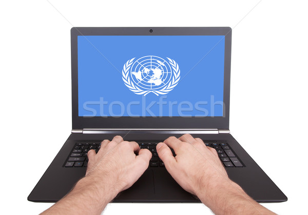 手 工作的 筆記本電腦 顯示 屏幕 旗 商業照片 © michaklootwijk
