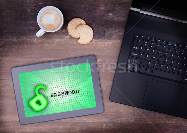 Stockfoto: Tablet · bureau · gegevensbescherming · groene · computer · technologie