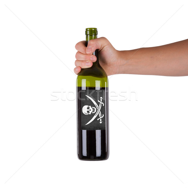 Mão garrafa vinho tinto etiqueta pirata Foto stock © michaklootwijk