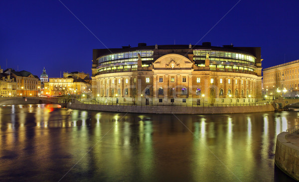 Stockholm beleuchtet Haus Parlament Brücke Nacht Stock foto © mikdam