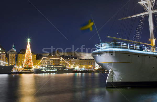 Stock photo: Stockholm city illuminated with christmas lights at nigh