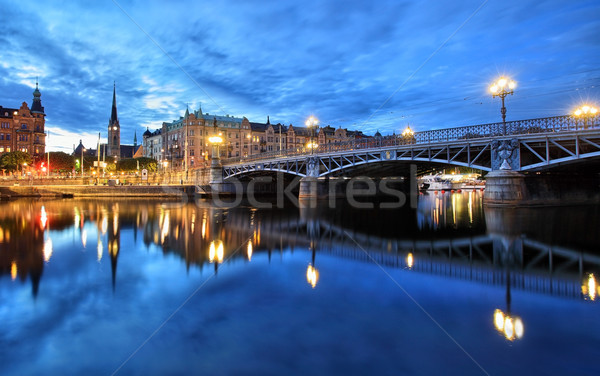 Sztokholm Cityscape miasta noc jezioro Europie Zdjęcia stock © mikdam