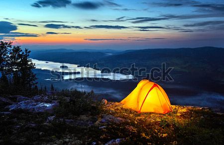 Foto stock: Tenda · para · cima · crepúsculo · água · laranja · noite