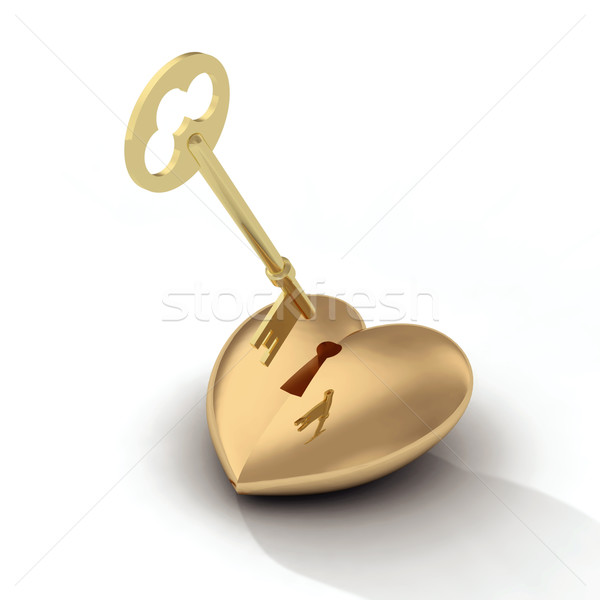 Dorado clave ojo de la cerradura corazón metal bloqueo Foto stock © mike_kiev