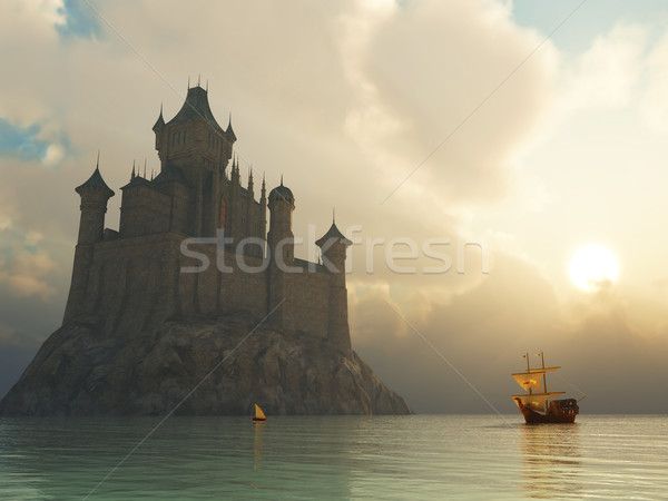 Fantasy château coucher du soleil ciel mur paysage [[stock_photo]] © mike_kiev