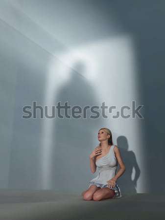 Imagine de stoc: Rugăciune · femeie · întuneric · cameră · perete · lumina