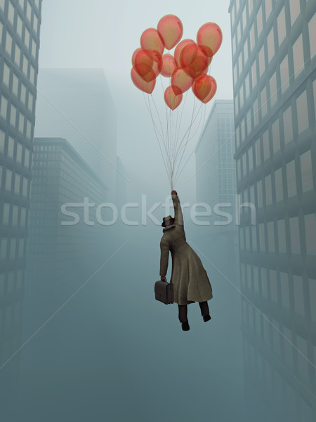 businessman soaring on balloon in city Stock photo © mike_kiev