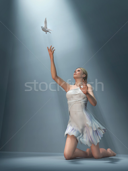 Femeie trimite alb porumbel lumina frumuseţe Imagine de stoc © mike_kiev