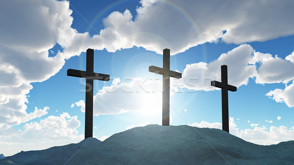 Drie kruis heuvel hemel landschap berg Stockfoto © mike_kiev