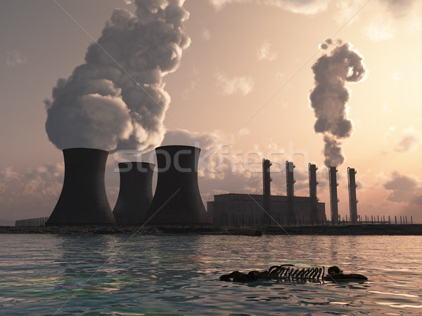 ストックフォト: 発電所 · 雲 · 煙 · 日の出 · 湖 · 工場