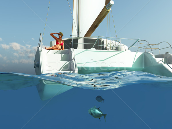 女子 放寬 遊艇 海灘 天空 水 商業照片 © mike_kiev