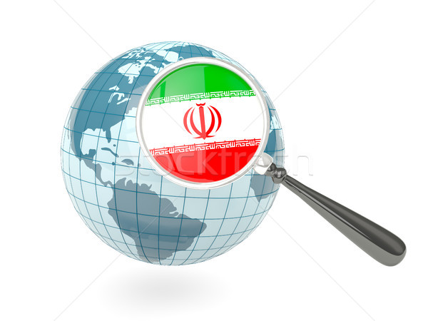 Nagyított zászló Irán kék földgömb izolált Stock fotó © MikhailMishchenko