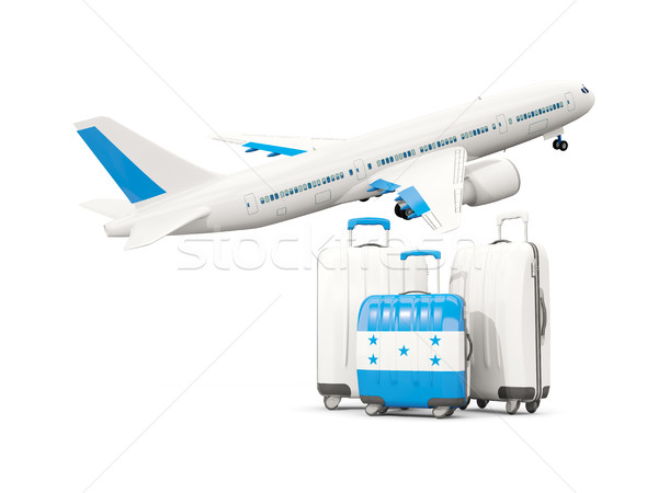 [[stock_photo]]: Bagages · pavillon · trois · sacs · avion · isolé