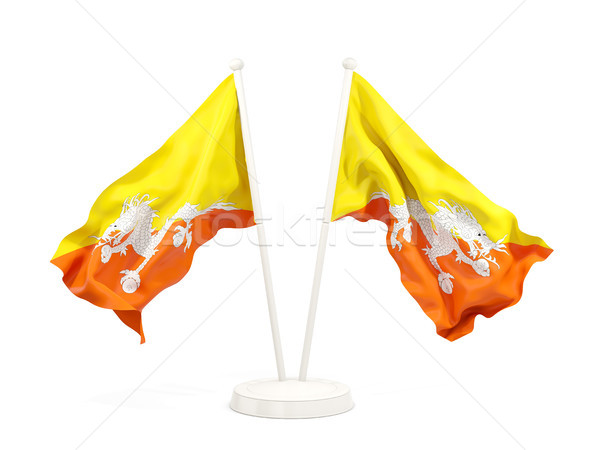 Twee vlaggen Bhutan geïsoleerd witte Stockfoto © MikhailMishchenko