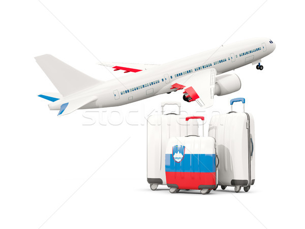 Foto stock: Bagagem · bandeira · três · sacos · avião · isolado