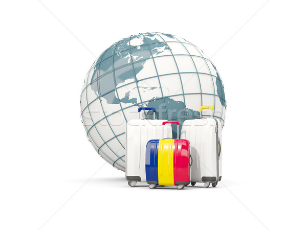 Foto stock: Bagagem · bandeira · três · sacos · globo · ilustração · 3d