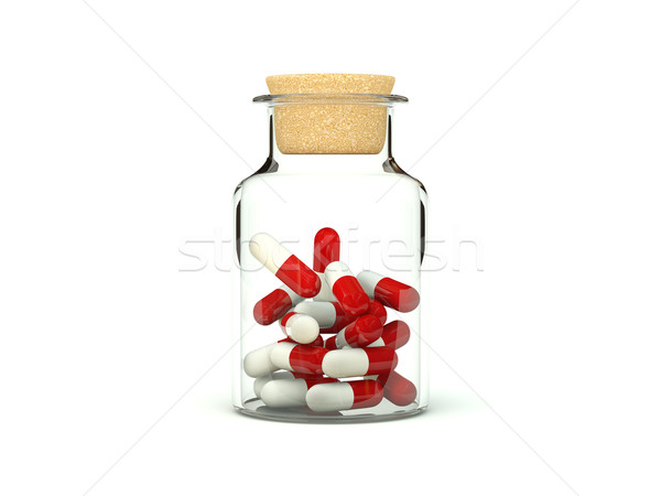 Foto stock: Pílulas · vidro · isolado · branco · médico
