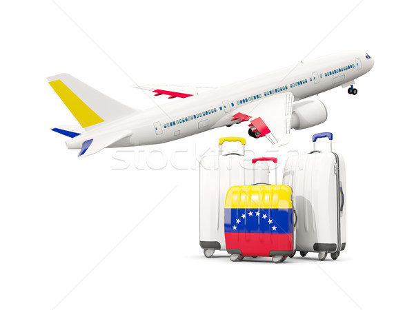 Foto stock: Bagagem · bandeira · três · sacos · avião · isolado