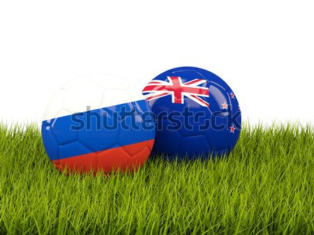 Two footballs with flags of Russia and New Zealand on green gras Stock photo © MikhailMishchenko