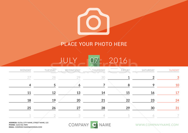 Stock photo: Desk Calendar 2016. Vector Print Template. July. Week Starts Monday