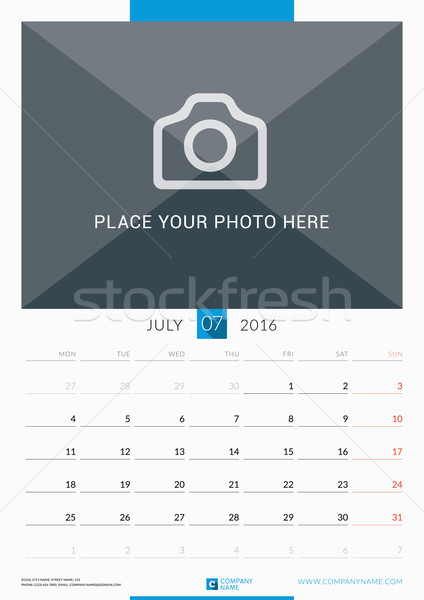 July 2016. Wall Monthly Calendar for 2016 Year. Vector Design Print Template with Place for Photo. W Stock photo © mikhailmorosin