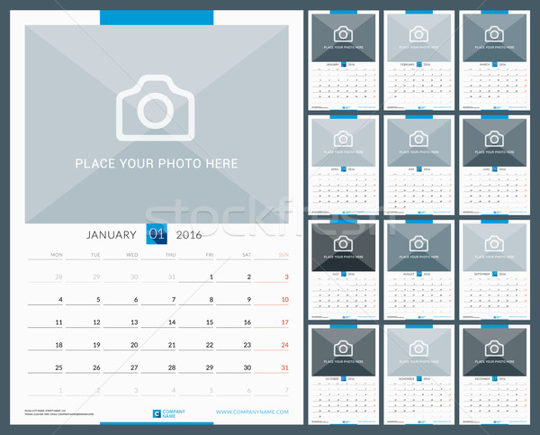 Wall Monthly Calendar for 2016 Year. Vector Design Print Template with Place for Photo. Week Starts  Stock photo © mikhailmorosin