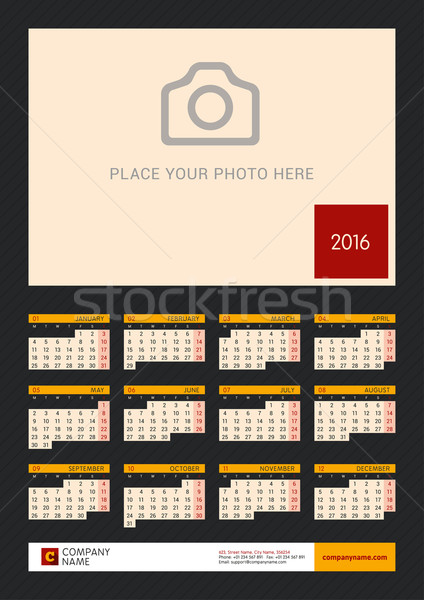 Stock photo: Wall Calendar Poster for 2016 Year. Vector Design Print Template with Place for Photo on Dark Backgr