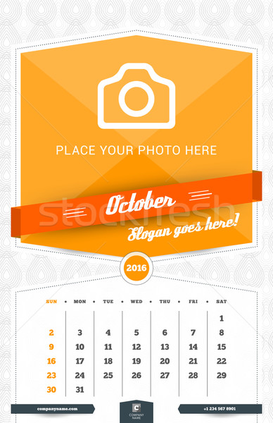 October 2016. Wall Monthly Calendar for 2016 Year. Vector Design Print Template with Place for Photo Stock photo © mikhailmorosin