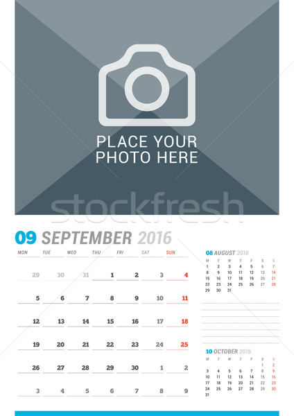 September 2016. Wall Monthly Calendar for 2016 Year. Vector Design Print Template with Place for Pho Stock photo © mikhailmorosin