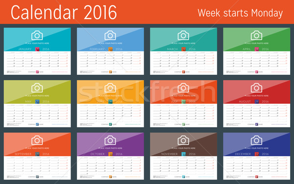 Calendar 2016 Design Template. Set of 12 Months. Week Starts Monday Stock photo © mikhailmorosin